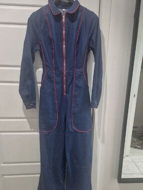 Dark Denim Jumpsuit with Pink Contrast Piping